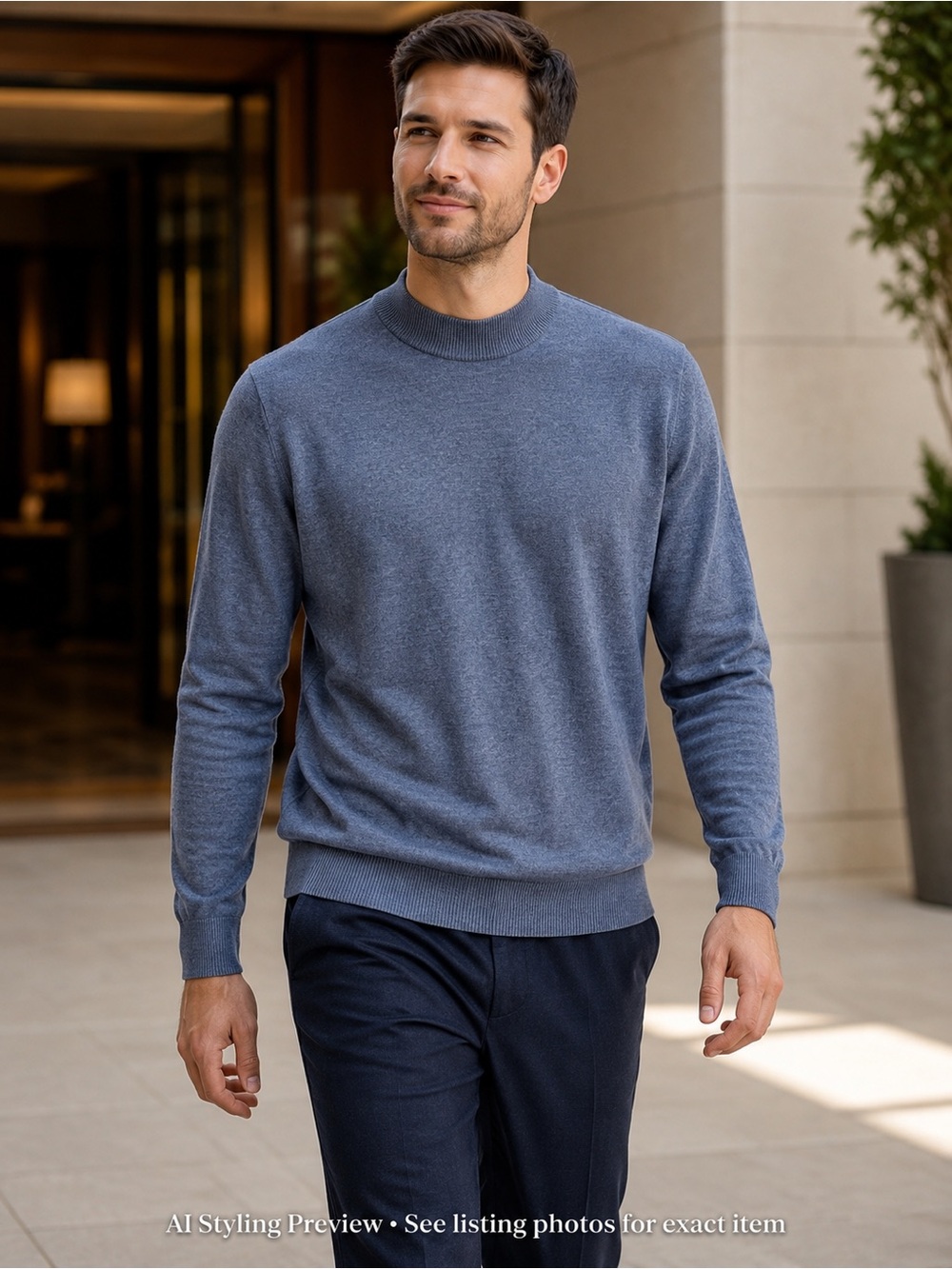 Patrick Assaraf XL Extra Fine Merino Wool Sweater Blue Grey Mock Neck